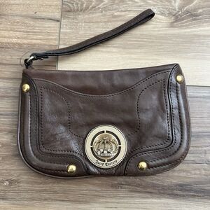 Vintage Juicy Couture Brown Leather Wristlet Crown Rhinestone Medallion Y2K Bag